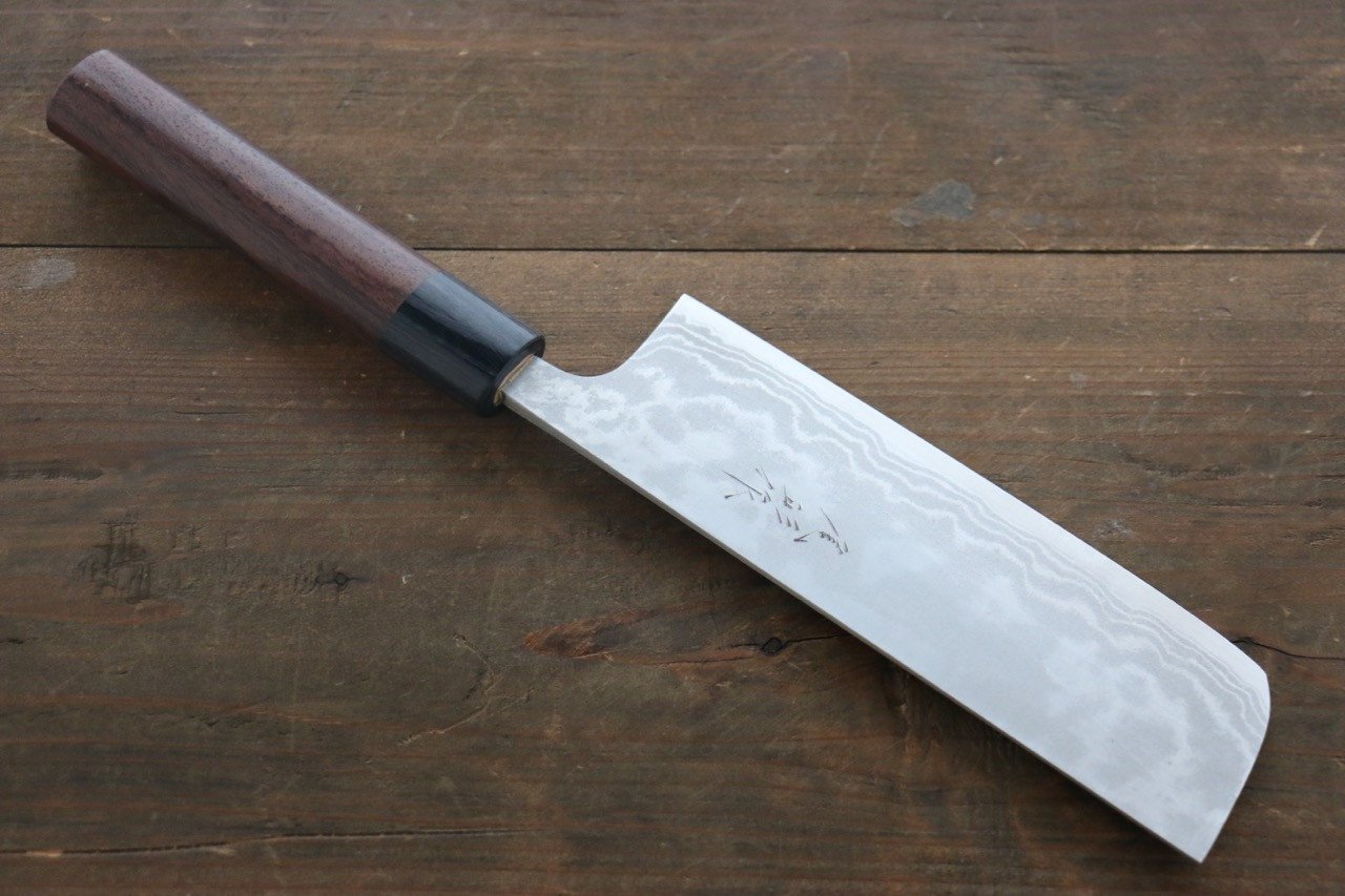 尾形 峻吾 白鋼二號 大馬士革紋 打磨處理 菜切 165mm 紫檀木 握把 - 清助刃物