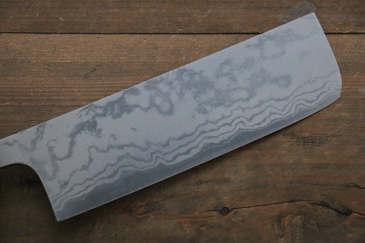 尾形 峻吾 白鋼二號 大馬士革紋 打磨處理 菜切 165mm 紫檀木 握把 - 清助刃物