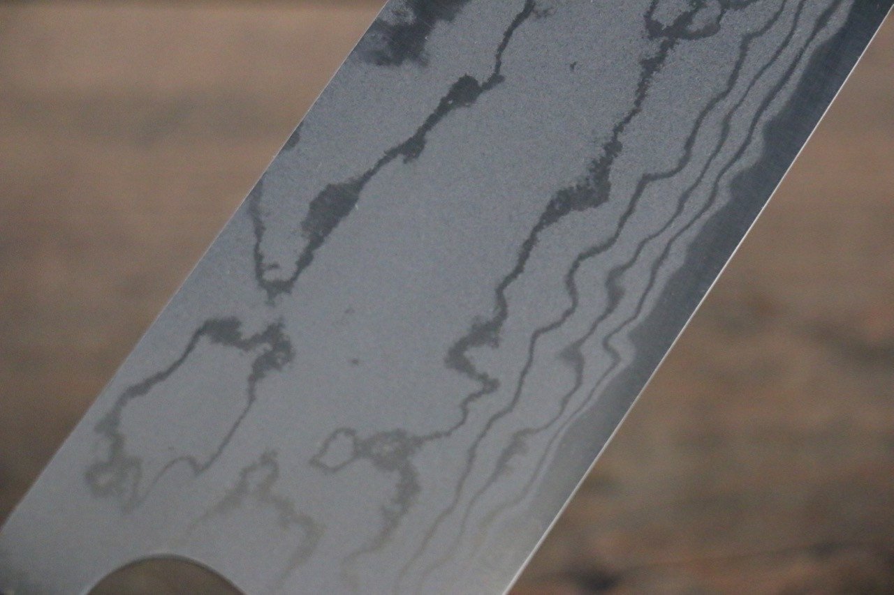尾形 峻吾 白鋼二號 大馬士革紋 打磨處理 牛刀 240mm 紫檀木 握把 - 清助刃物