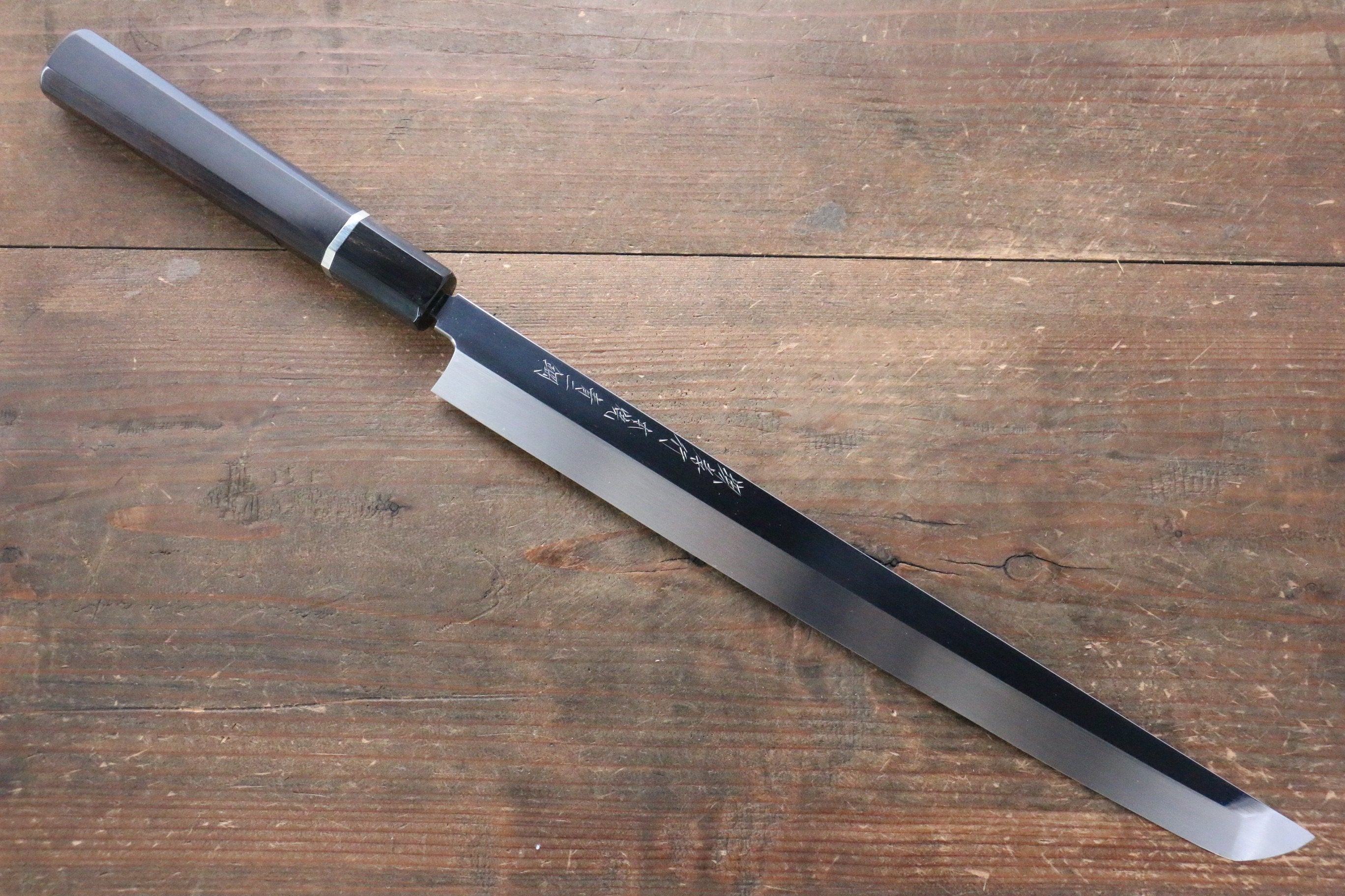 堺 孝行 本燒 青鋼二號 鏡面處理 先丸蛸引  300mm 黑檀（帶環型設計）握把 附刀鞘 - 清助刃物