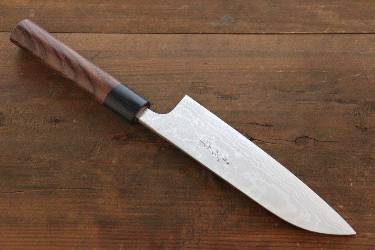 尾形 峻吾 白鋼二號 大馬士革紋 打磨處理 三德刀 180mm 紫檀木 握把 - 清助刃物