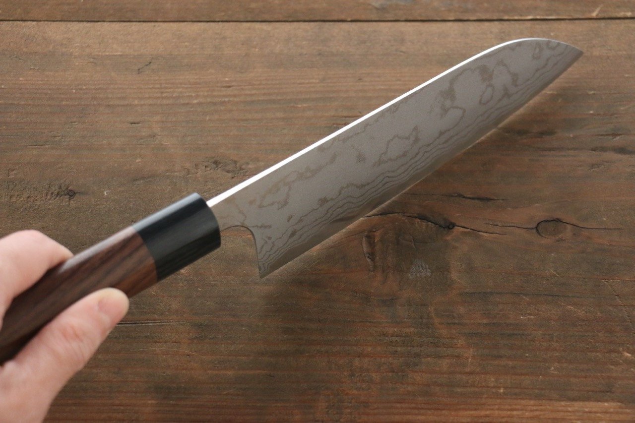 尾形 峻吾 白鋼二號 大馬士革紋 打磨處理 三德刀 180mm 紫檀木 握把 - 清助刃物