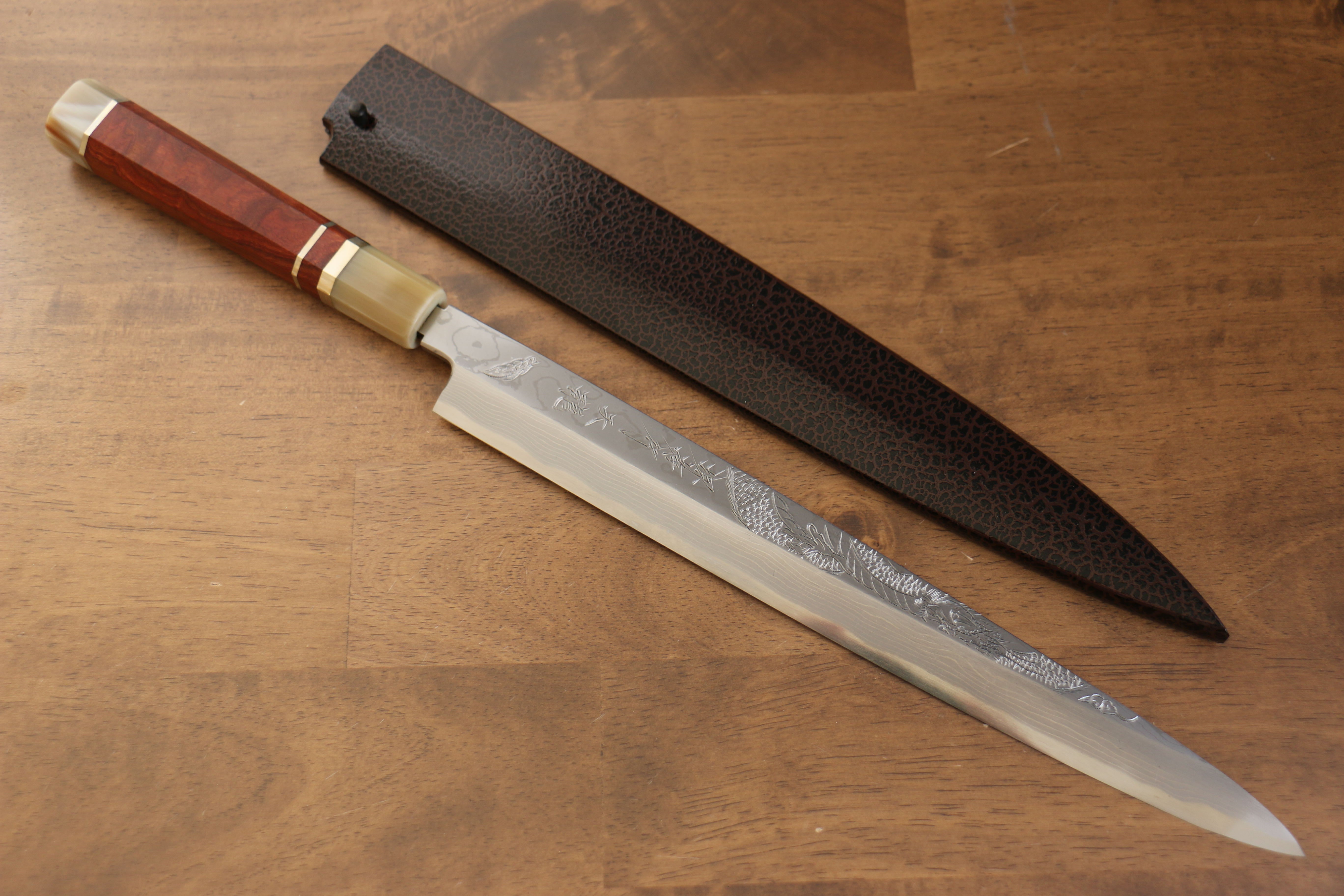 堺 孝行 天龍 Uzushio 渦潮 青鋼二號 刻有龍的圖樣 柳刃  300mm 紅黑檀 握把 附刀鞘 - 系列商品之9 - 清助刃物