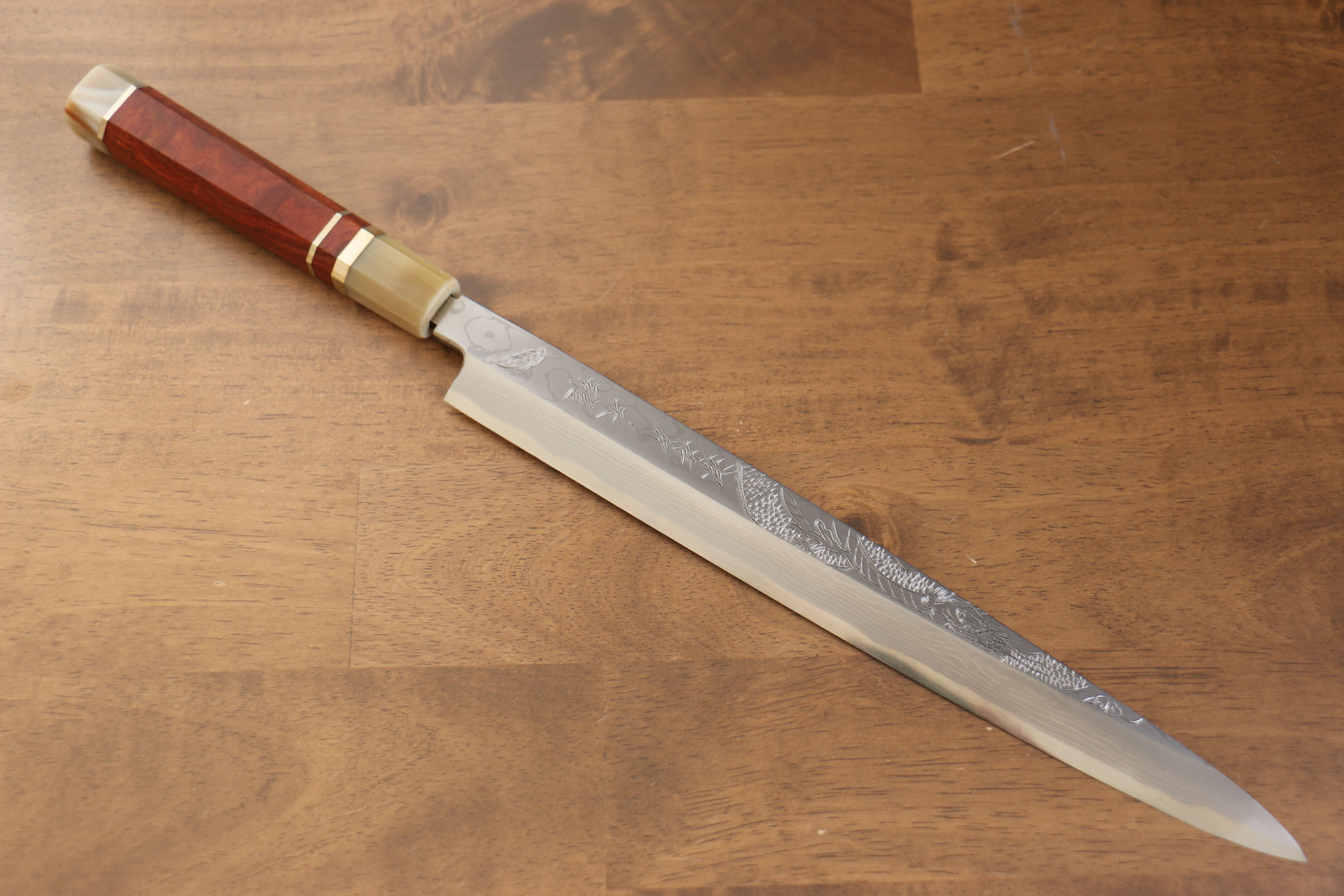 堺 孝行 天龍 Uzushio 渦潮 青鋼二號 刻有龍的圖樣 柳刃  300mm 紅黑檀 握把 附刀鞘 - 系列商品之9 - 清助刃物