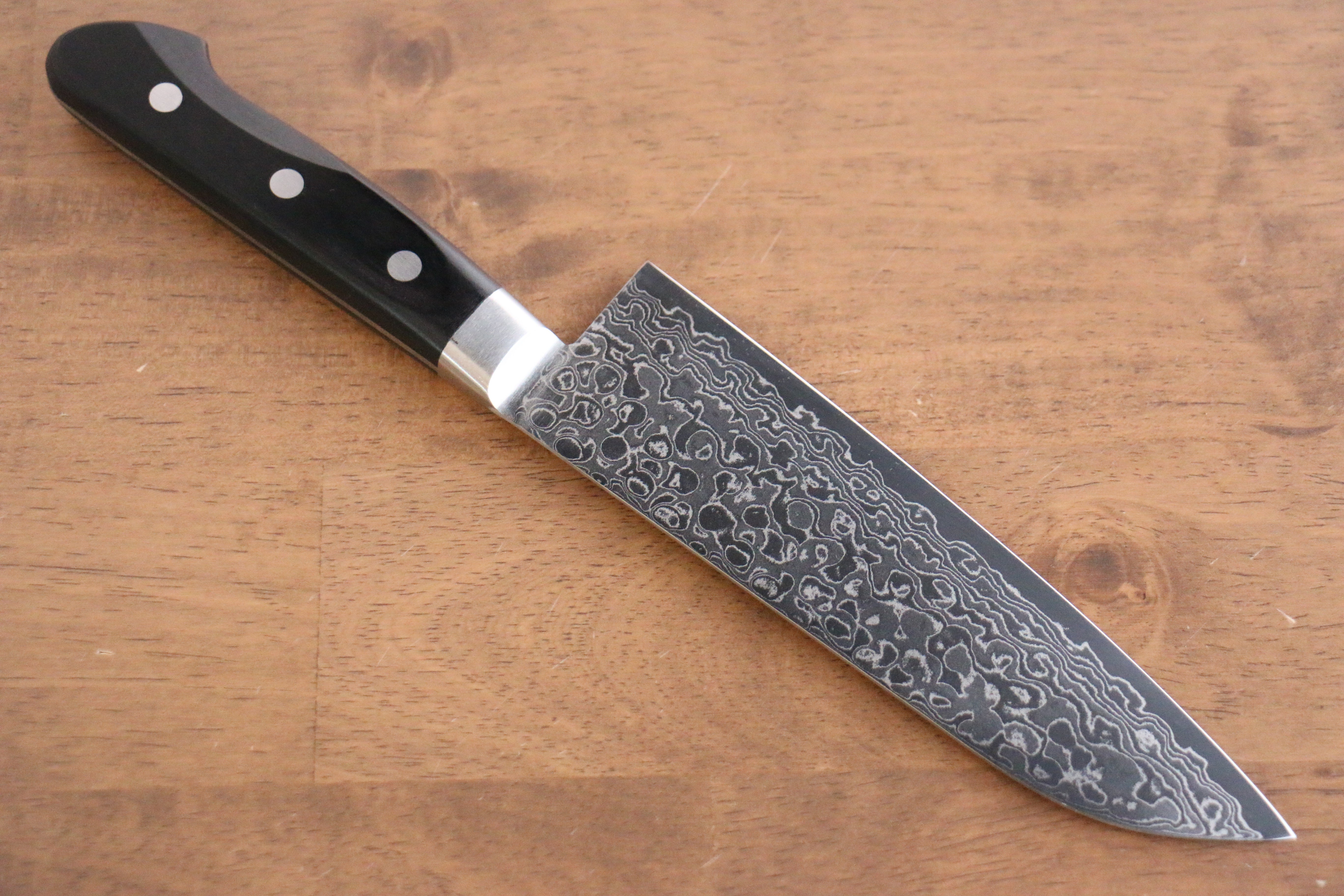 清助 鏡子 AUS10 鏡面處理 大馬士革紋 三德刀  170mm 黑合成木 握把 - 清助刃物