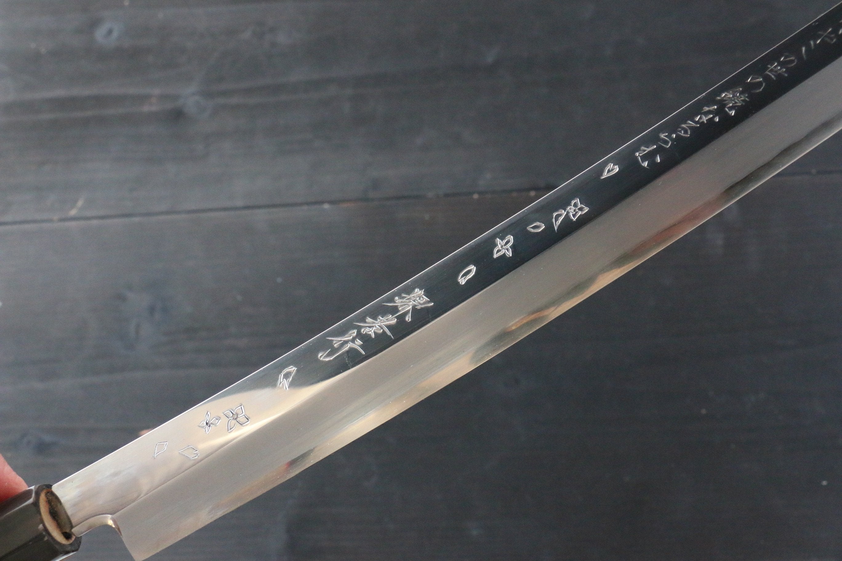 堺 孝行 凛華 銀三鋼 鏡面處理 先丸蛸引 390mm 漆塗握柄 附刀鞘 - 清助刃物