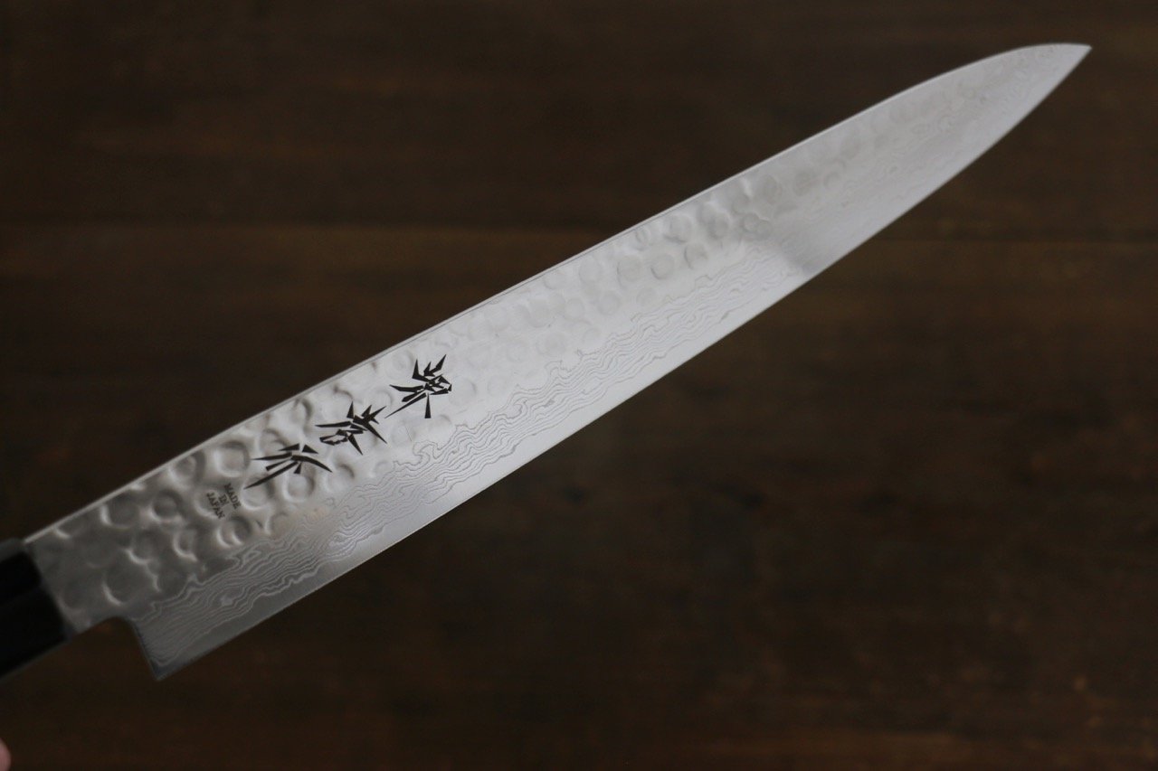 堺 孝行 AUS10 45層大馬士革紋 鎚目 筋引  240mm 綠漆塗握把 附刀鞘 - 清助刃物