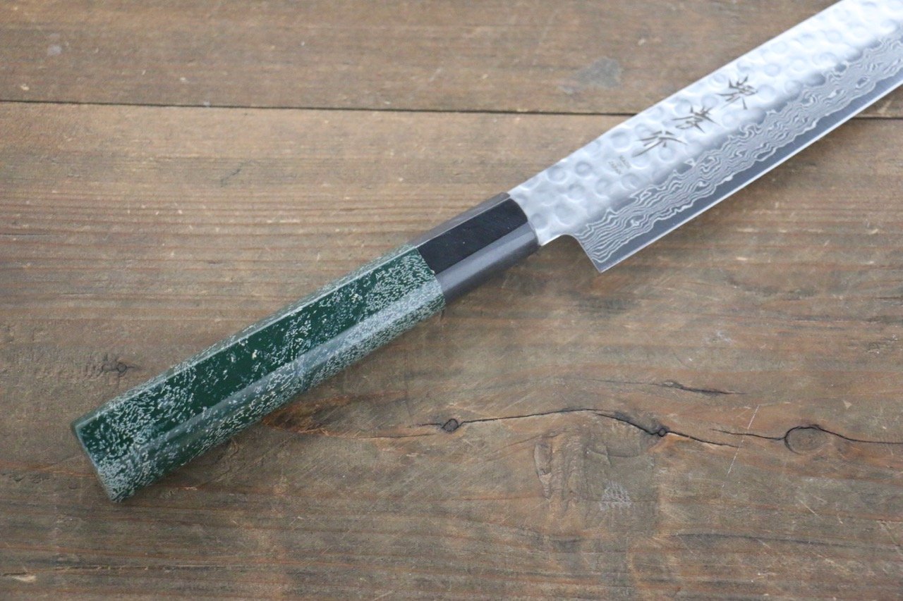 堺 孝行 AUS10 45層大馬士革紋 鎚目 筋引  240mm 綠漆塗握把 附刀鞘 - 清助刃物
