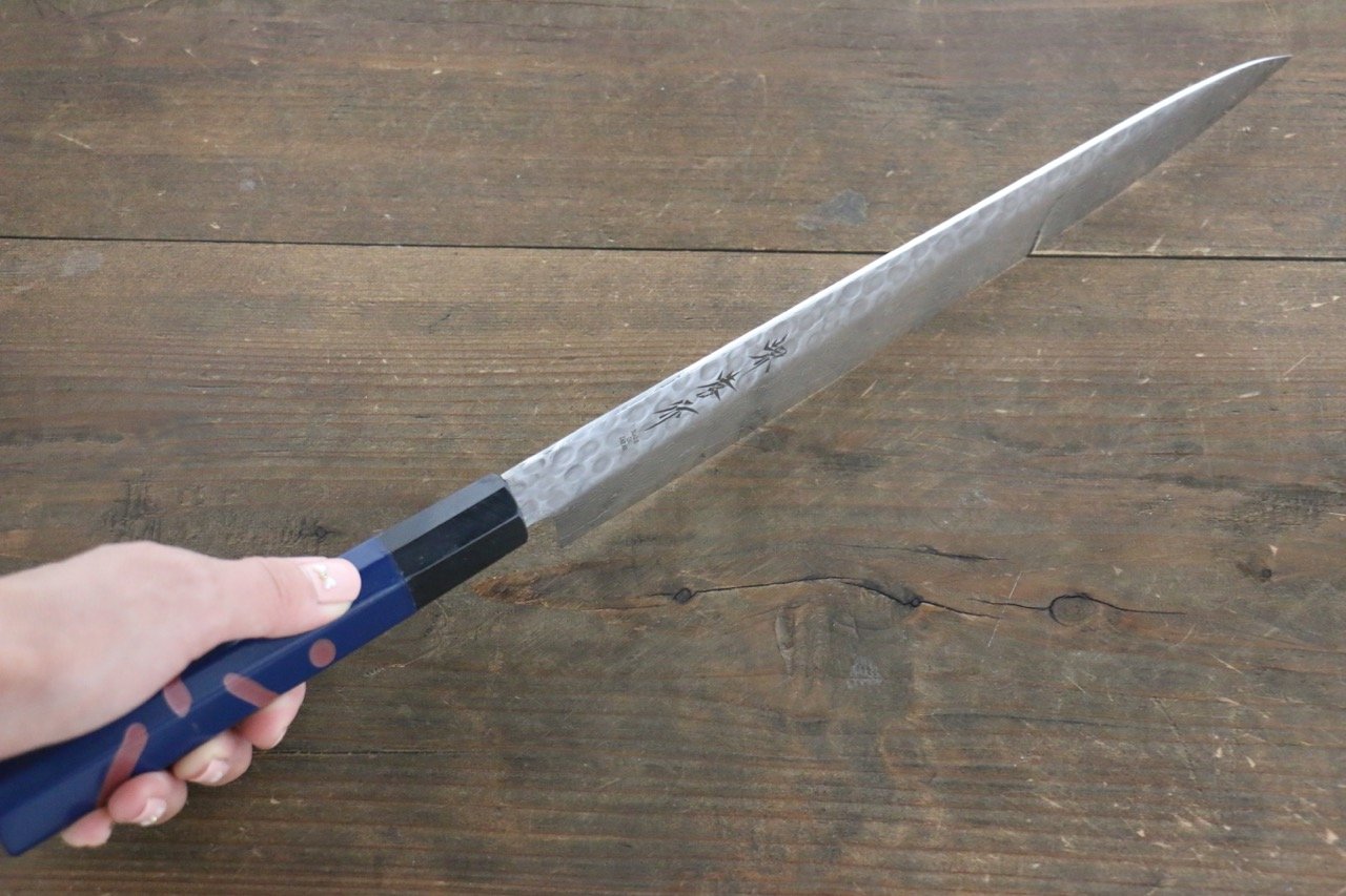 堺 孝行 AUS10 45層大馬士革紋 鎚目 筋引  240mm 青漆塗握把 附刀鞘 - 清助刃物