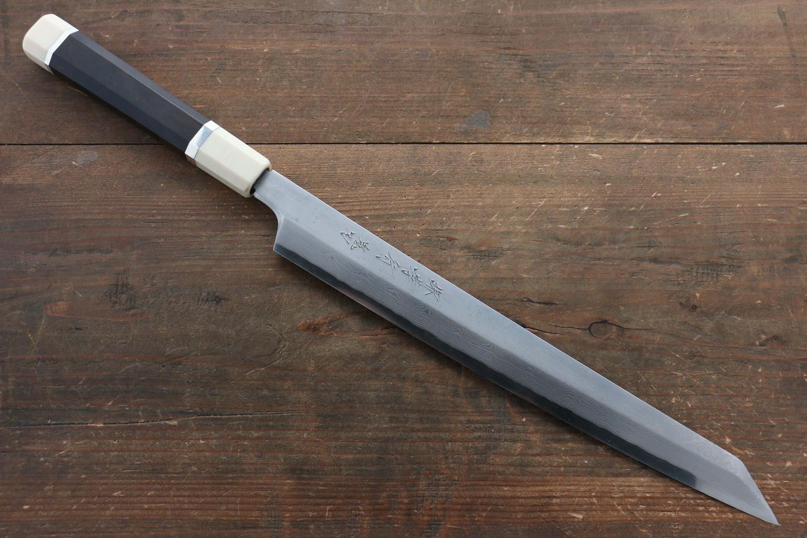 堺 孝行 銀三鋼 大馬士革紋 切付柳刃  300mm 黑檀（帶環型設計）握把 附刀鞘 - 清助刃物