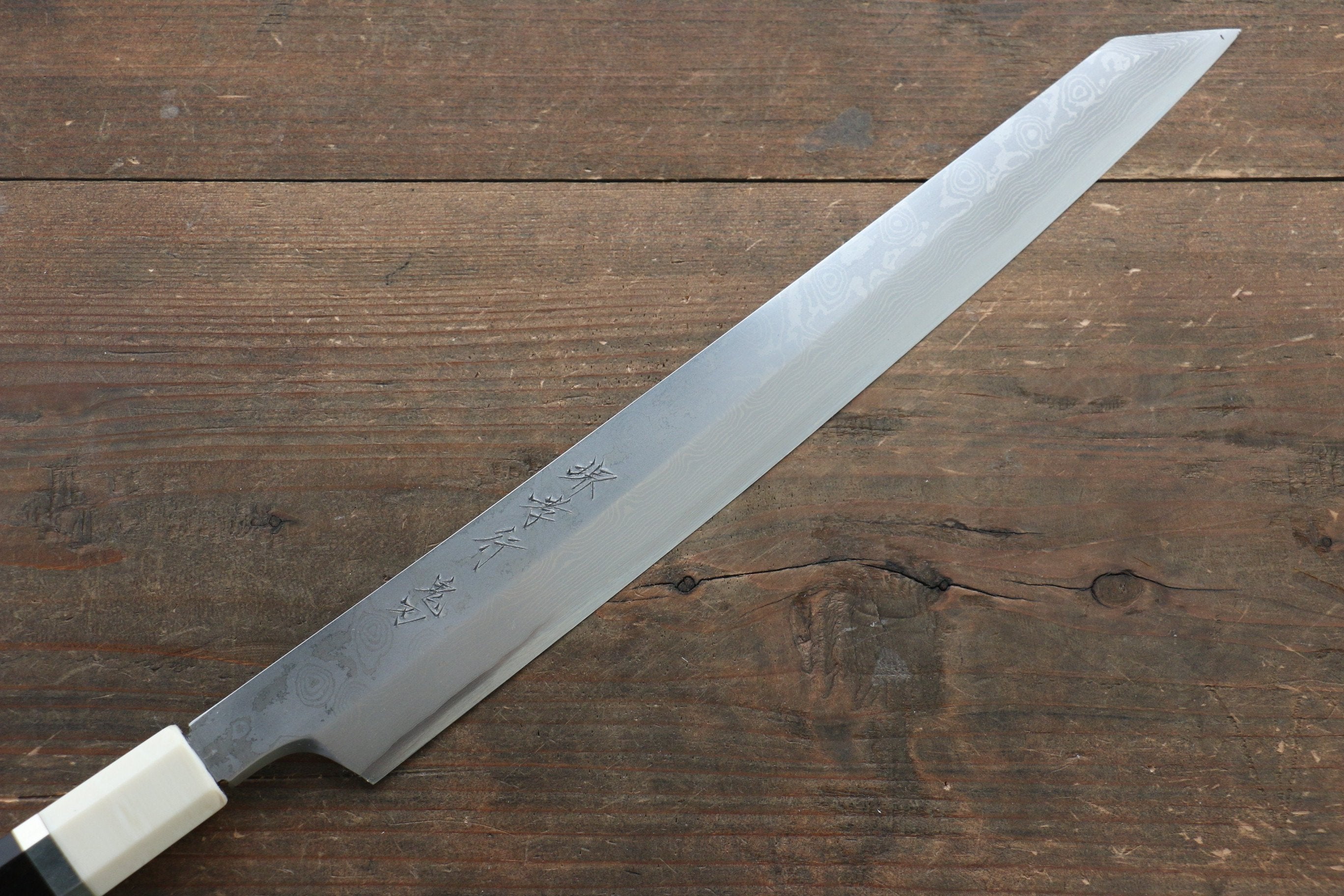 堺 孝行 銀三鋼 大馬士革紋 切付柳刃  300mm 黑檀（帶環型設計）握把 附刀鞘 - 清助刃物