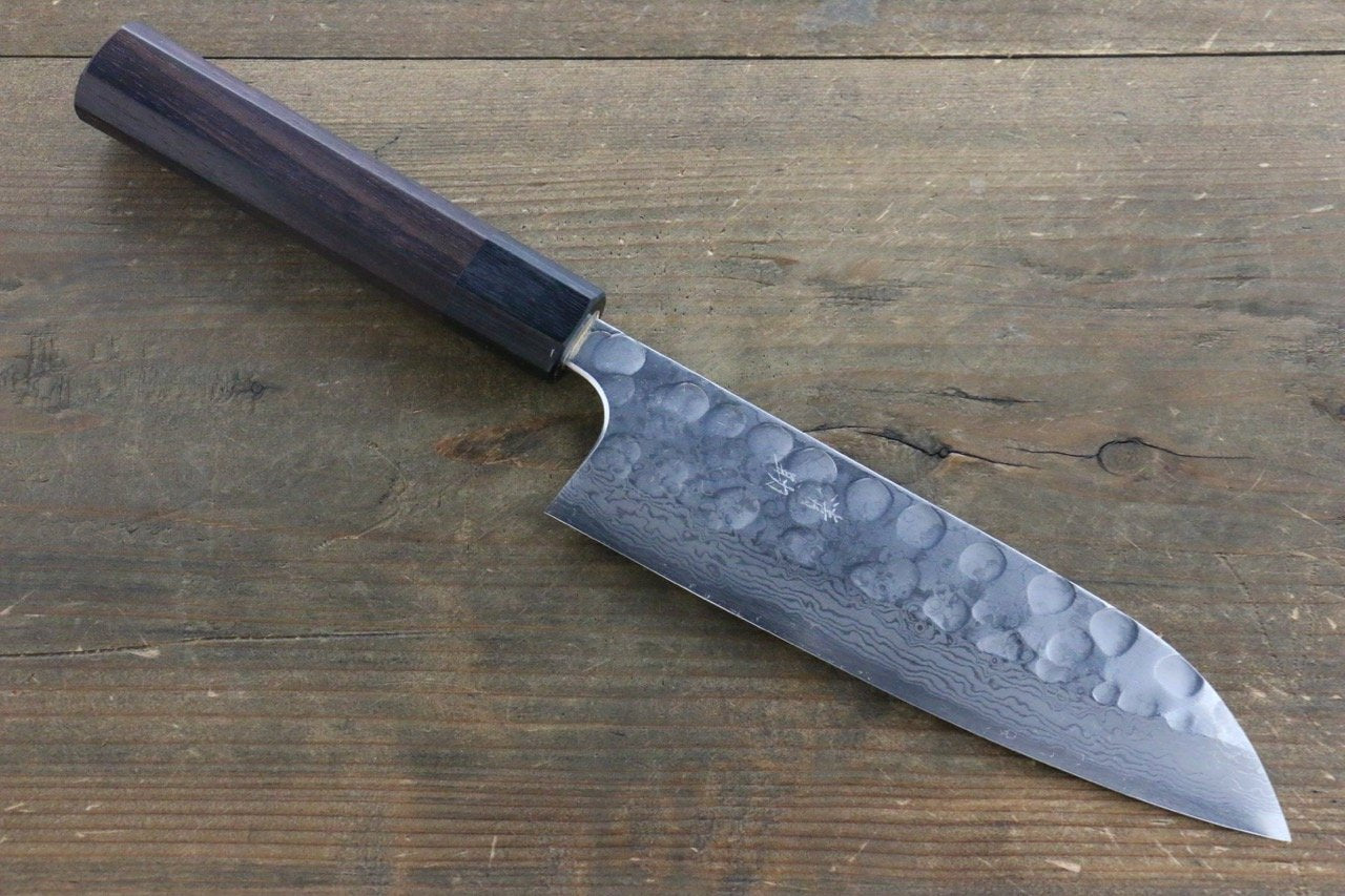 清助 青鋼二號 鎚目 大馬士革紋 三德刀 180mm 紫檀木 握把 - 清助刃物