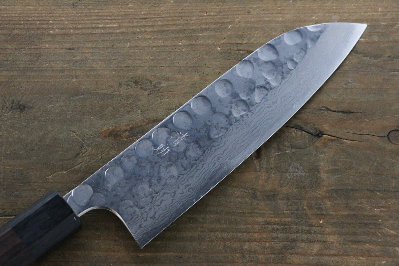 清助 青鋼二號 鎚目 大馬士革紋 三德刀 180mm 紫檀木 握把 - 清助刃物