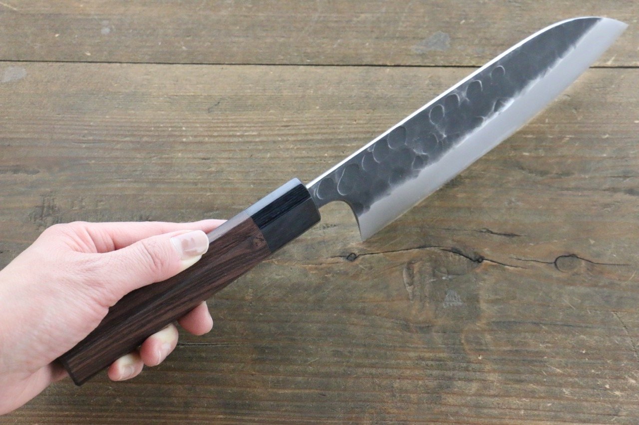 清助 青鋼二號 鎚目 黑打 三德刀 180mm 紫檀木 握把 - 清助刃物
