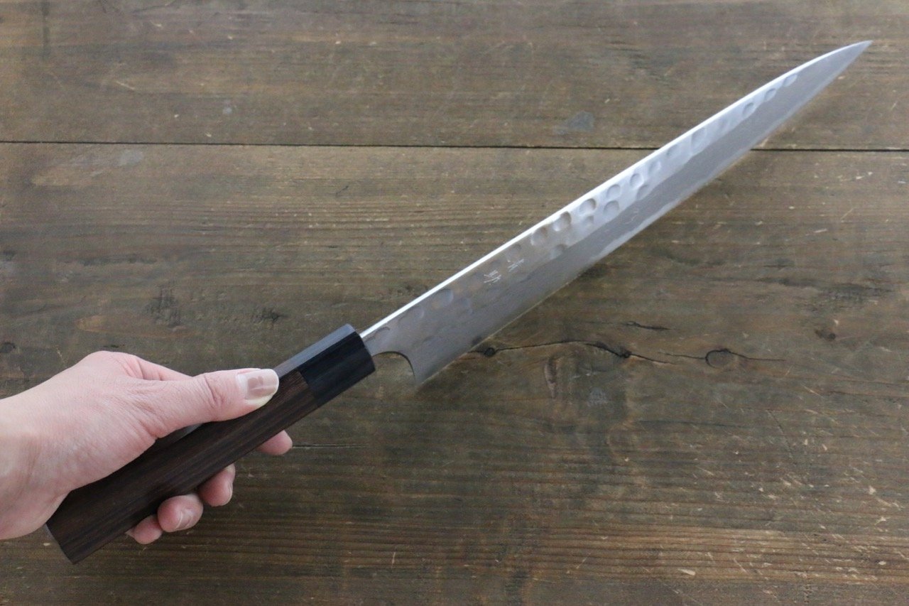 清助 青鋼二號 鎚目 大馬士革紋 柳刃 270mm 紫檀木 握把 - 清助刃物