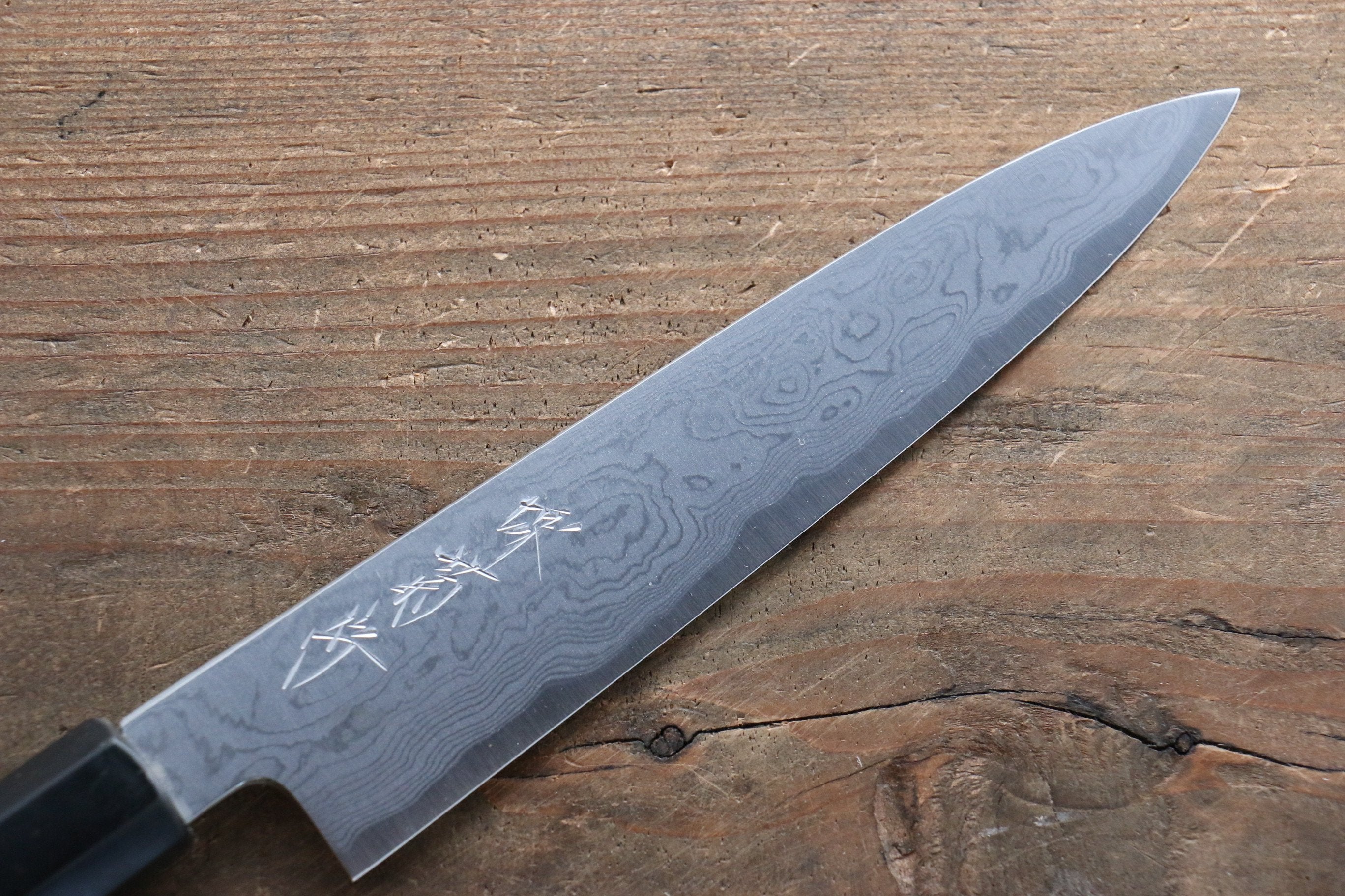 堺 菊守 青鋼一號 大馬士革紋 多用途小刀  150mm 木蘭握把 - 清助刃物