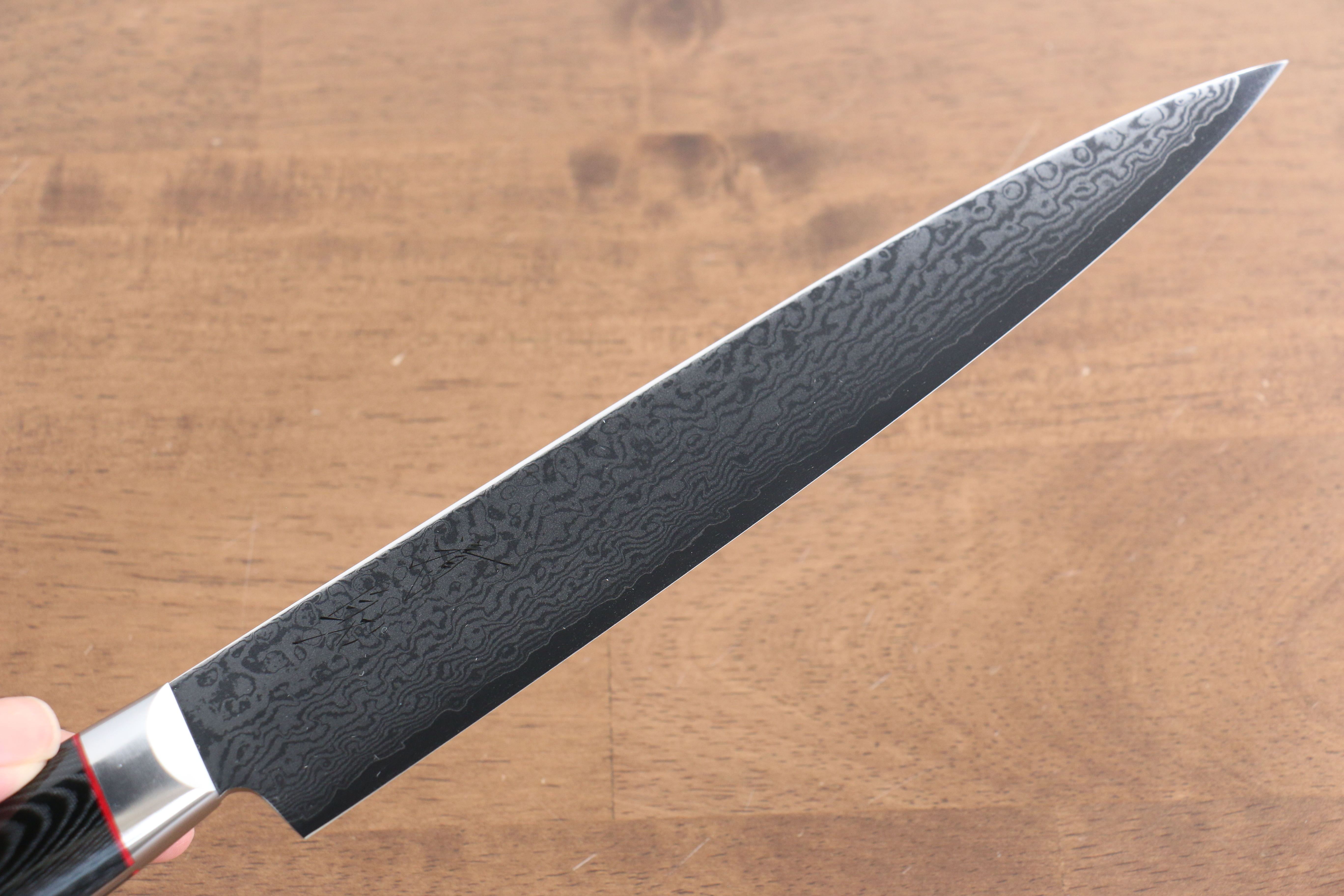 清助 VG10 鏡面處理 大馬士革紋 切片刀  210mm 黑米卡塔（樹脂複合材料） 握把 - 清助刃物