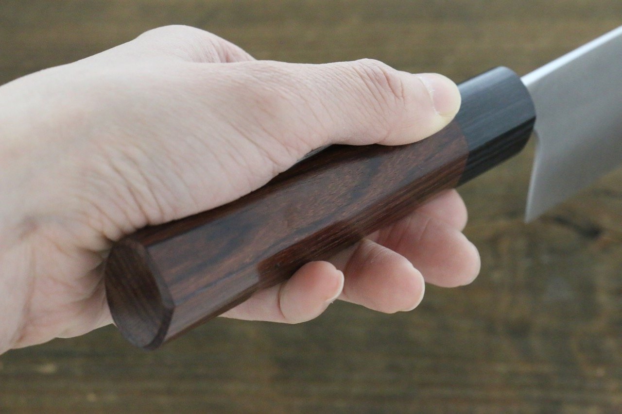 尾形 峻吾 白鋼二號 大馬士革紋 三德刀 165mm 紫檀木 握把 - 清助刃物