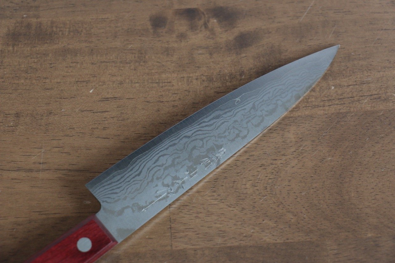 山本 直 VG10 大馬士革紋 多用途小刀  150mm 紅合成木 握把 - 清助刃物