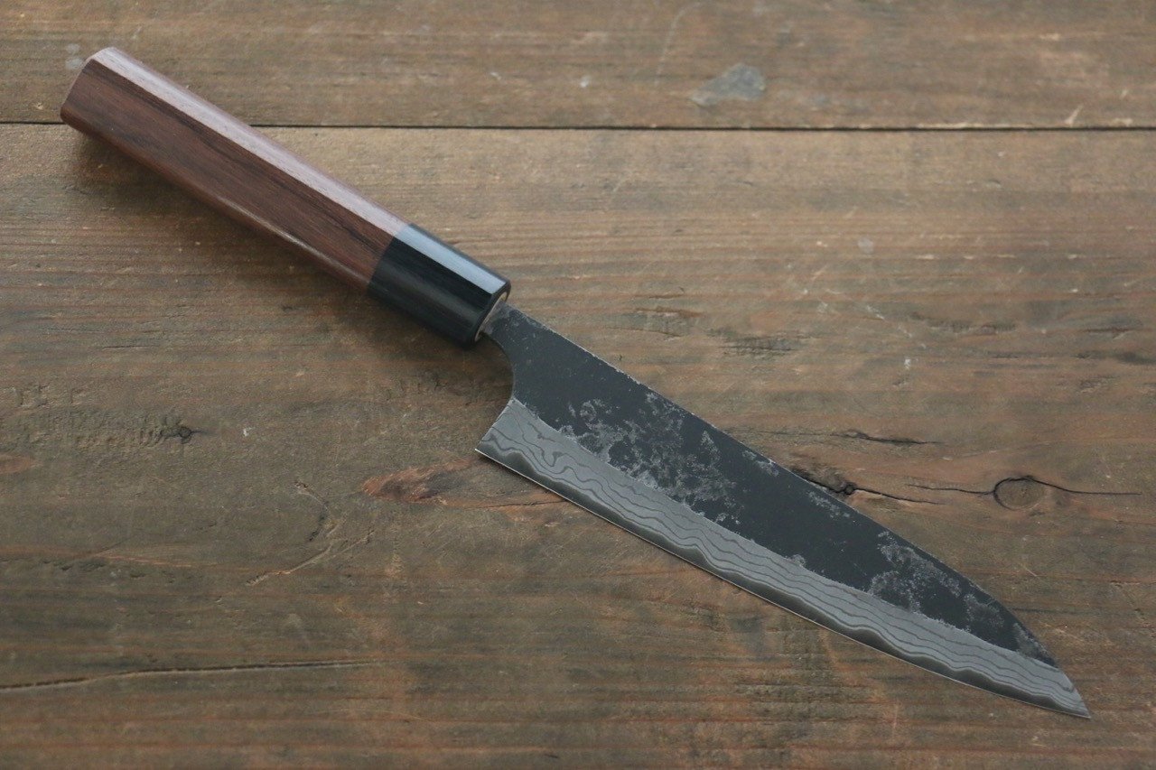 尾形 峻吾 白鋼二號 黑打 大馬士革紋 多用途小刀 150mm 紫檀木 握把 - 清助刃物
