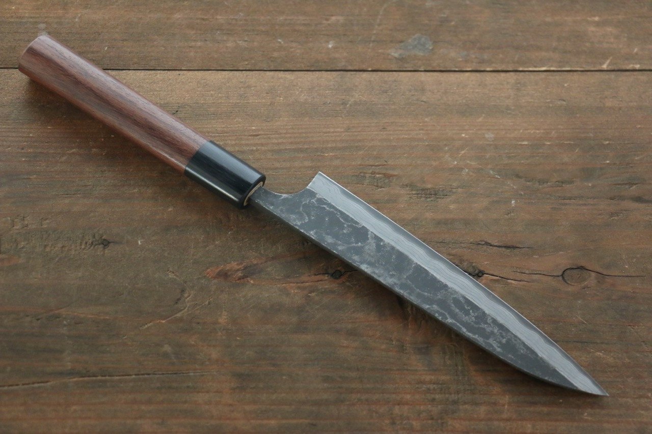 尾形 峻吾 白鋼二號 黑打 大馬士革紋 多用途小刀 150mm 紫檀木 握把 - 清助刃物