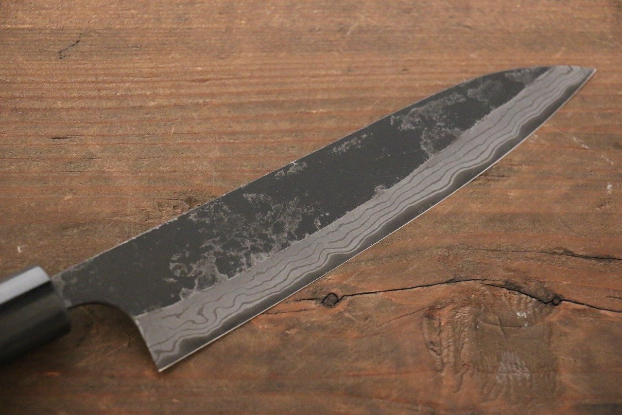 尾形 峻吾 白鋼二號 黑打 大馬士革紋 多用途小刀 150mm 紫檀木 握把 - 清助刃物