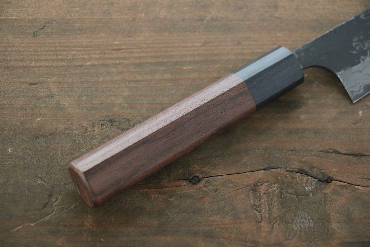 尾形 峻吾 白鋼二號 黑打 大馬士革紋 多用途小刀 150mm 紫檀木 握把 - 清助刃物