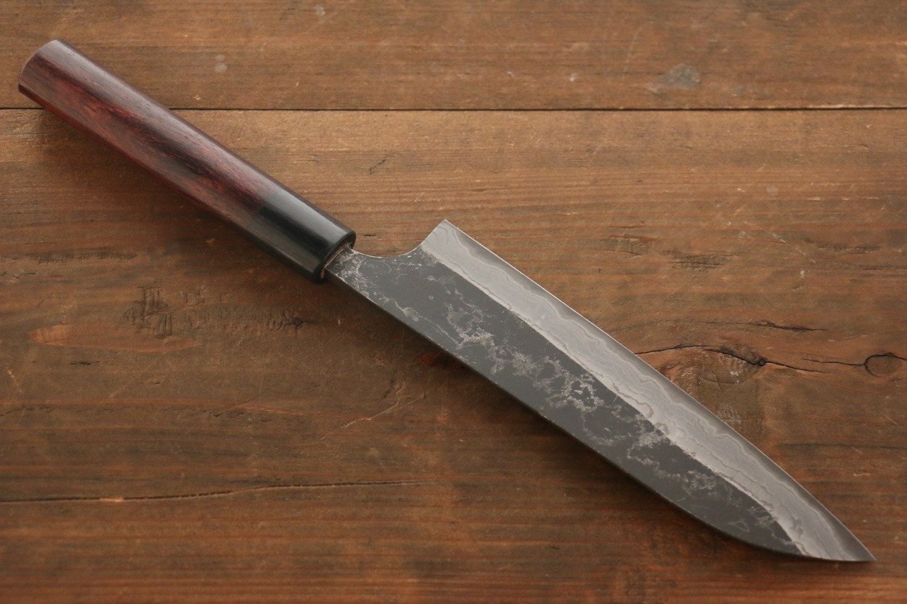 尾形 峻吾 白鋼二號 黑打 大馬士革紋 三德刀 180mm 紫檀木 握把 - 清助刃物
