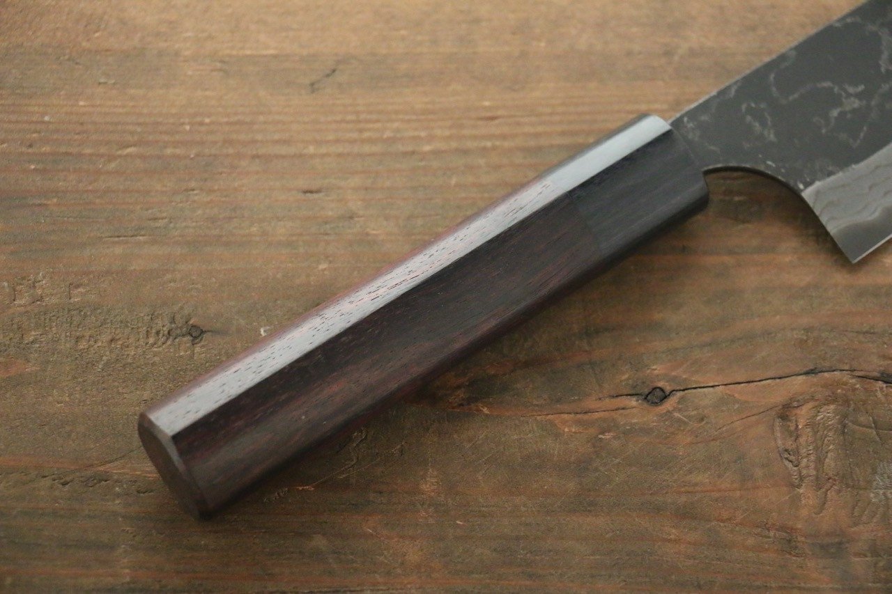 尾形 峻吾 白鋼二號 黑打 大馬士革紋 三德刀 180mm 紫檀木 握把 - 清助刃物