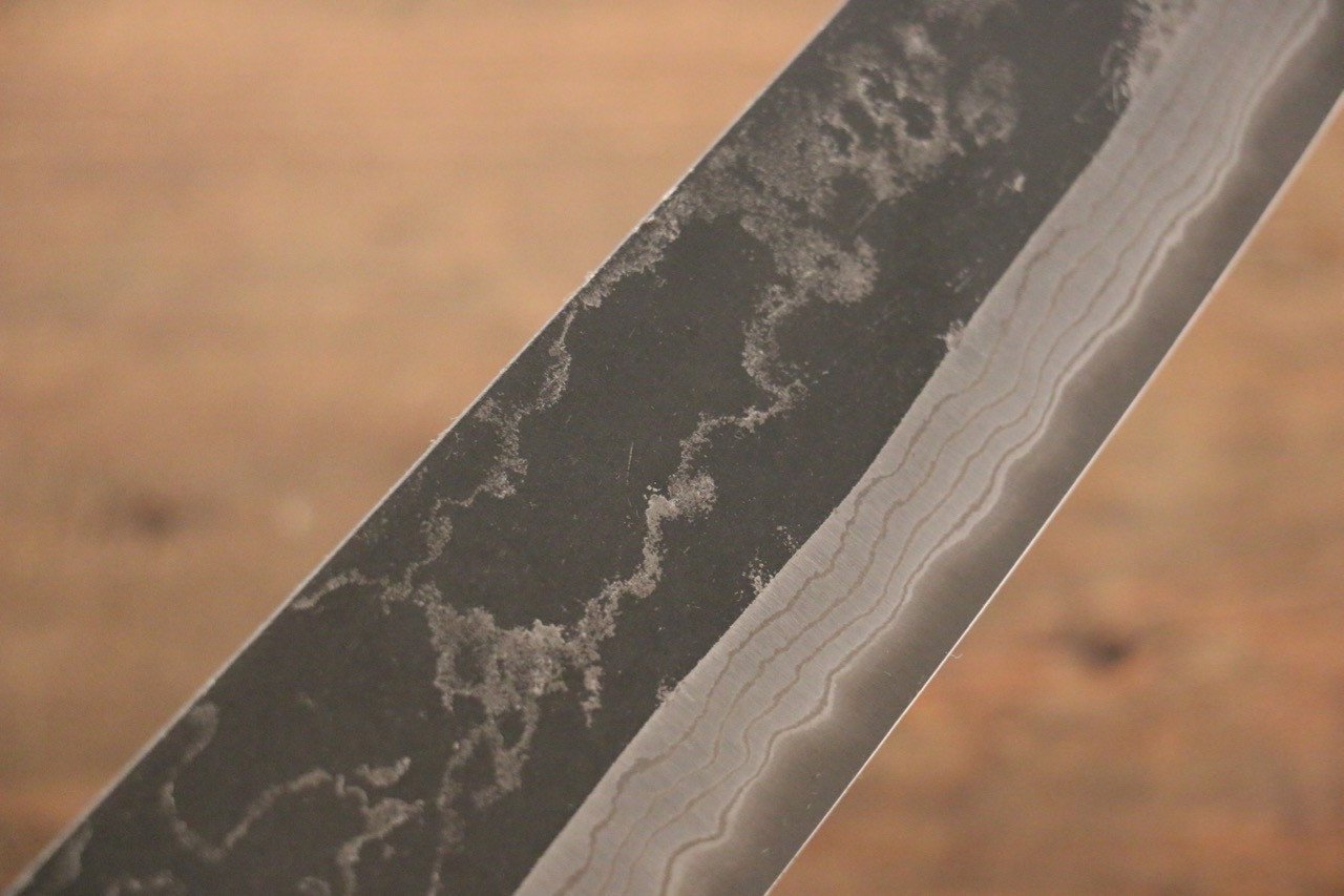 尾形 峻吾 白鋼二號 黑打 大馬士革紋 三德刀 180mm 紫檀木 握把 - 清助刃物