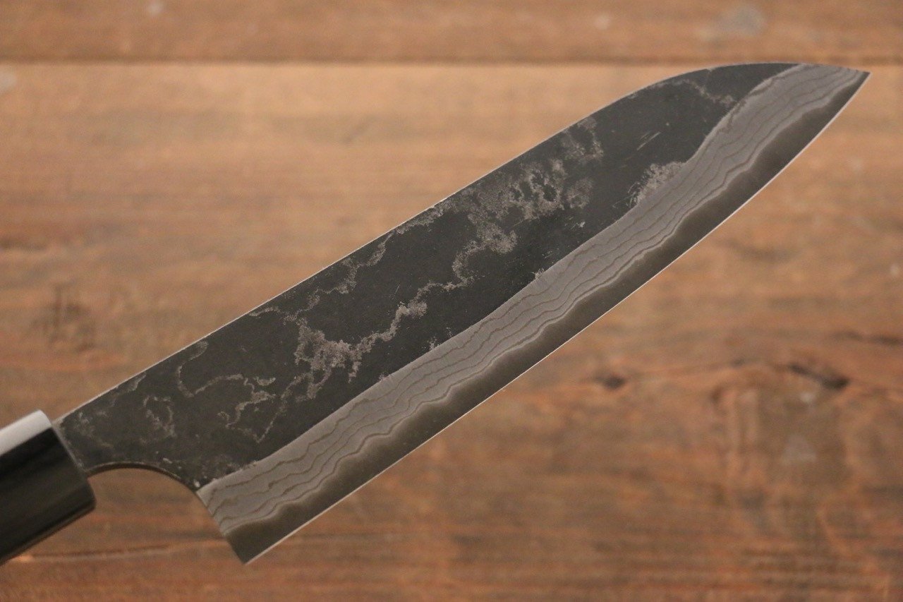 尾形 峻吾 白鋼二號 黑打 大馬士革紋 三德刀 180mm 紫檀木 握把 - 清助刃物