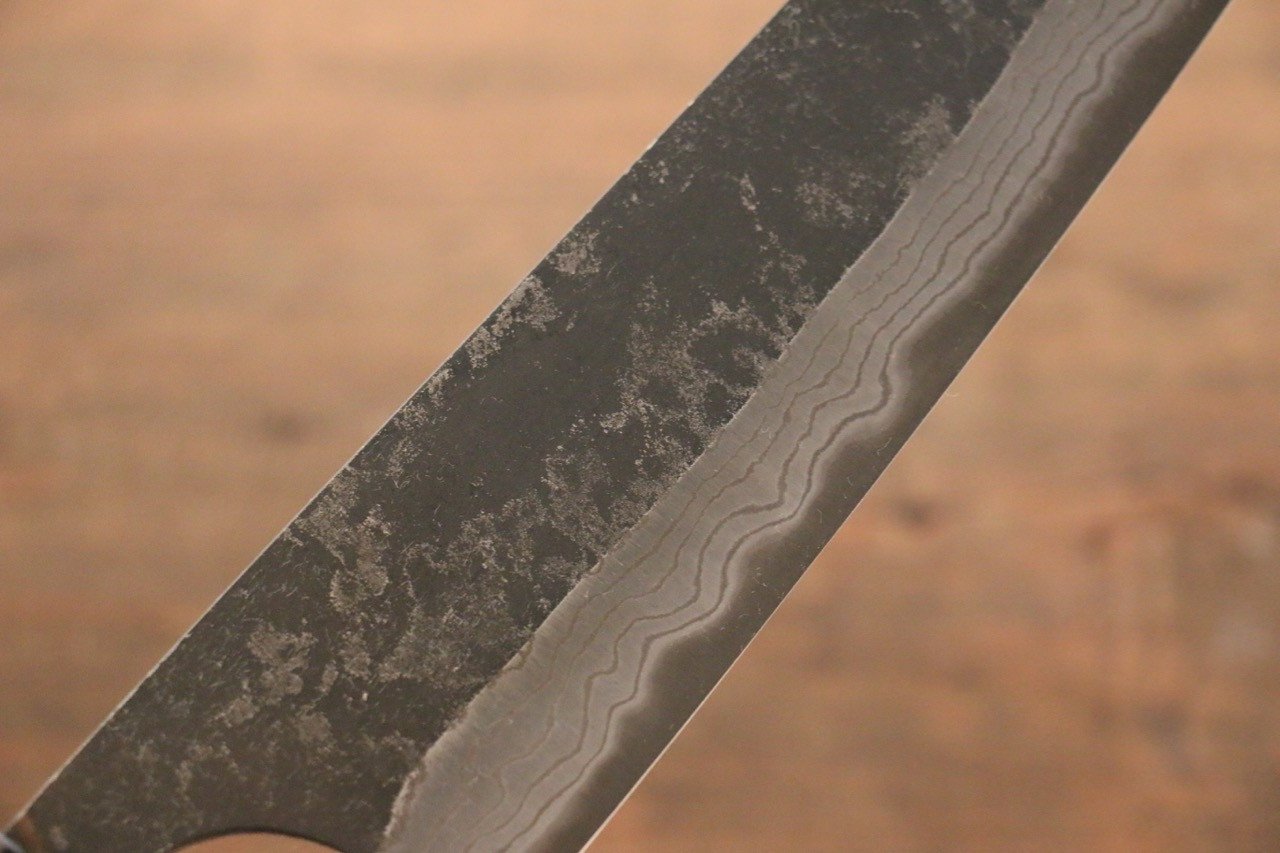 尾形 峻吾 白鋼二號 黑打 大馬士革紋 牛刀 210mm 紫檀木 握把 - 清助刃物
