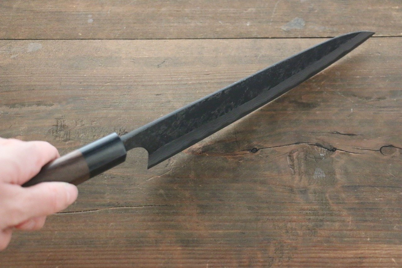 尾形 峻吾 白鋼二號 黑打 大馬士革紋 牛刀 210mm 紫檀木 握把 - 清助刃物