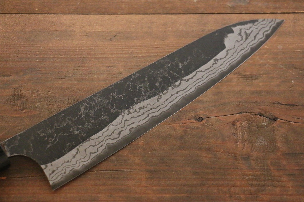 尾形 峻吾 白鋼二號 黑打 大馬士革紋 牛刀 240mm 紫檀木 握把 - 清助刃物