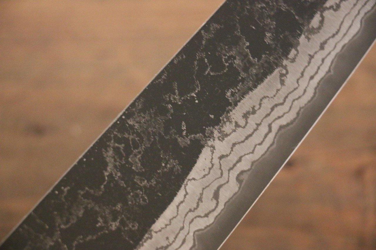尾形 峻吾 白鋼二號 黑打 大馬士革紋 牛刀 240mm 紫檀木 握把 - 清助刃物