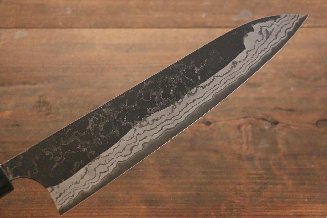 尾形 峻吾 白鋼二號 黑打 大馬士革紋 牛刀 240mm 紫檀木 握把 - 清助刃物