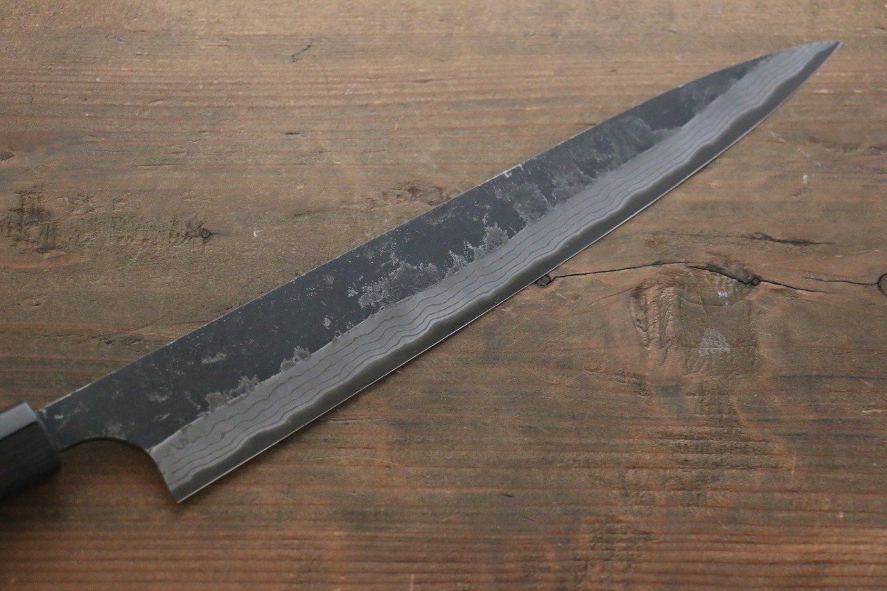 尾形 峻吾 白鋼二號 黑打 大馬士革紋 筋引 240mm 紫檀木 握把 - 清助刃物