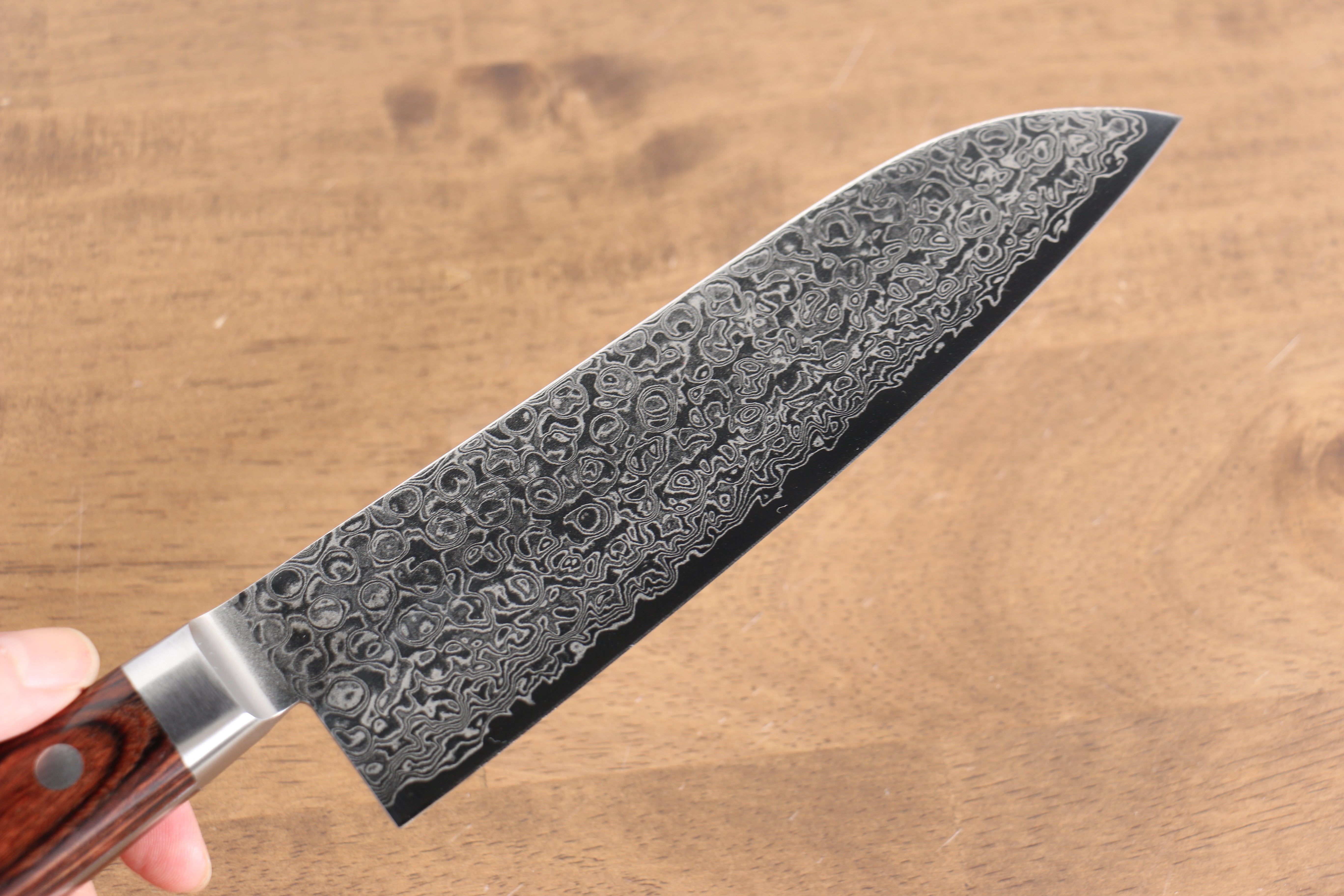 清助 木星 ZA-18 鏡面處理 大馬士革紋 三德刀  170mm 茶色合成木 握把 - 清助刃物