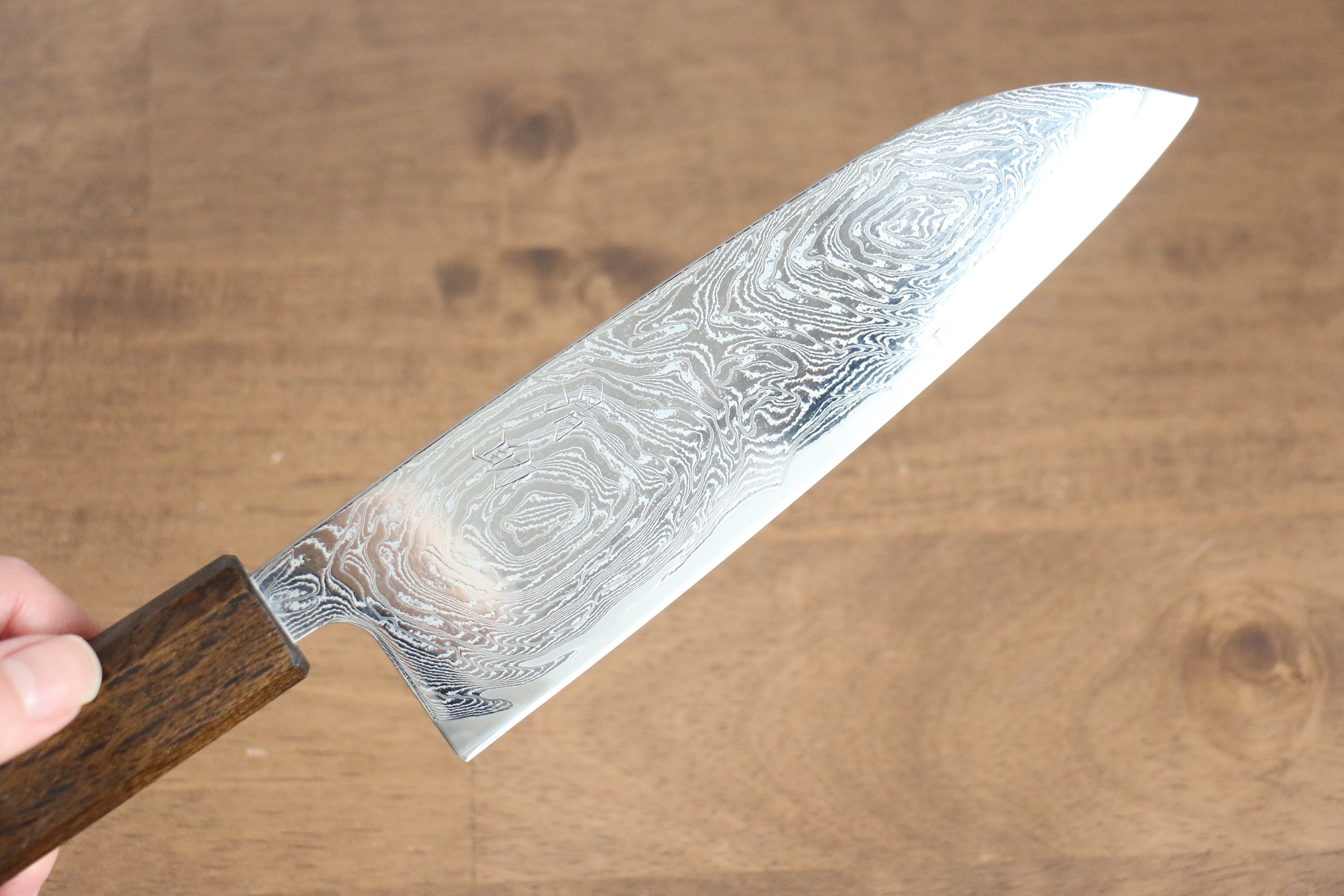 清助 海浪 AUS10 鏡面處理 大馬士革紋 三德刀  165mm 橡木 握把 - 清助刃物
