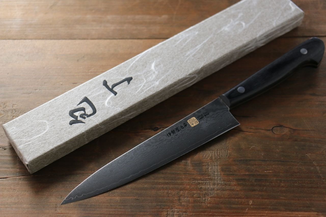 伊勢屋 VG10 大馬士革紋 多用途小刀  150mm 黑合成木握把 - 清助刃物